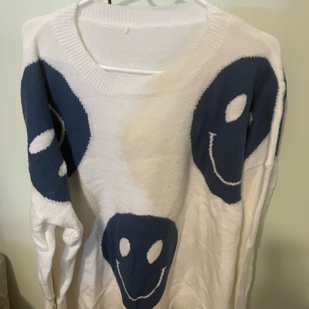 BiBi White and Navy Smiley Face Sweater